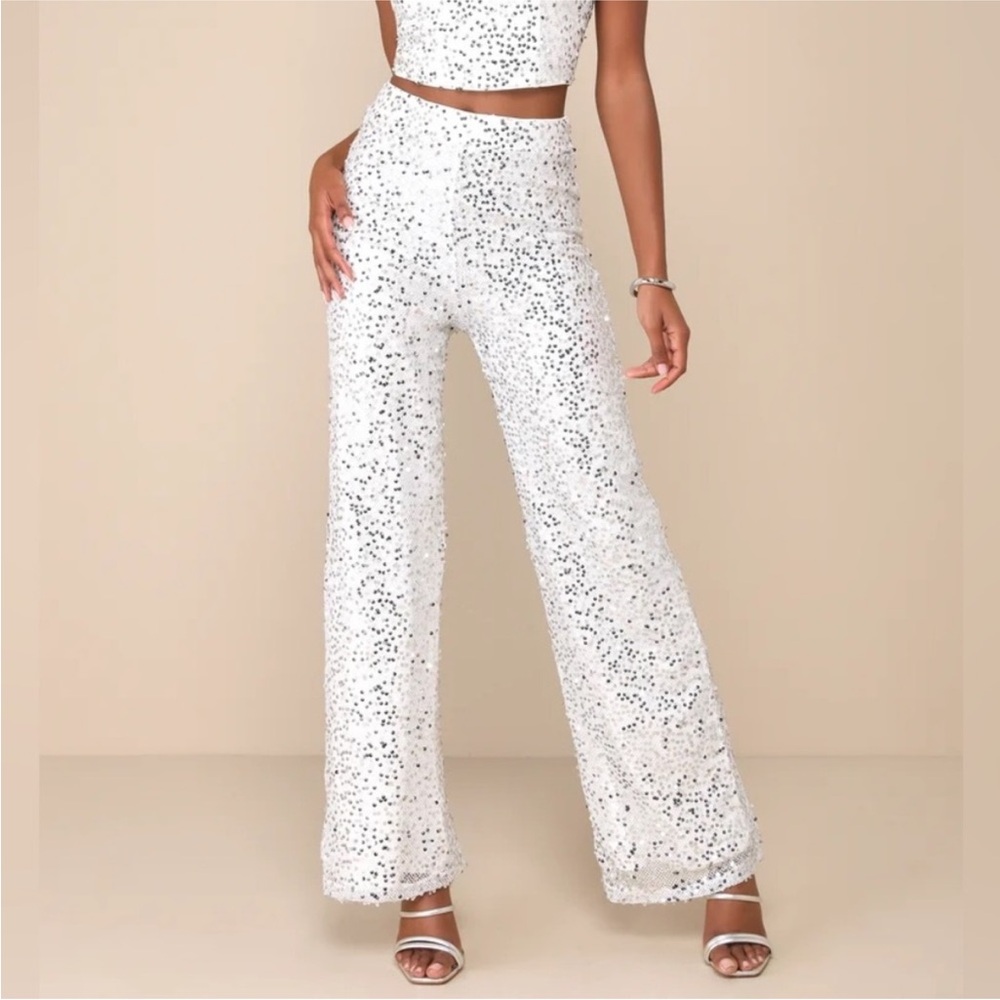 Lulus Image White Silver Sparkling Sequins High Waited Pants (ONLY Pants) NWOT M